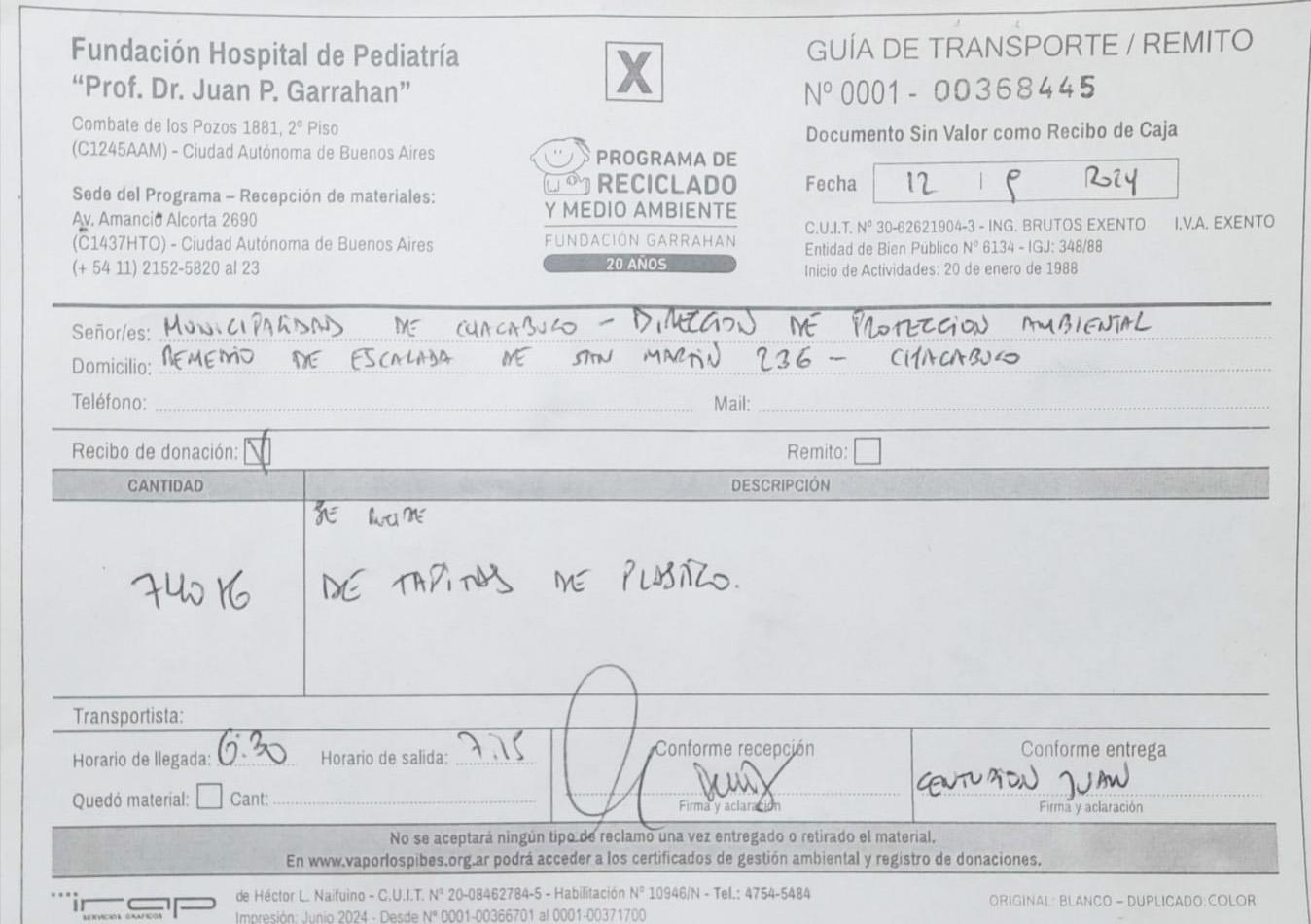 La Fundación Garrahan recibió 740 kilos de tapitas de Chacabuco